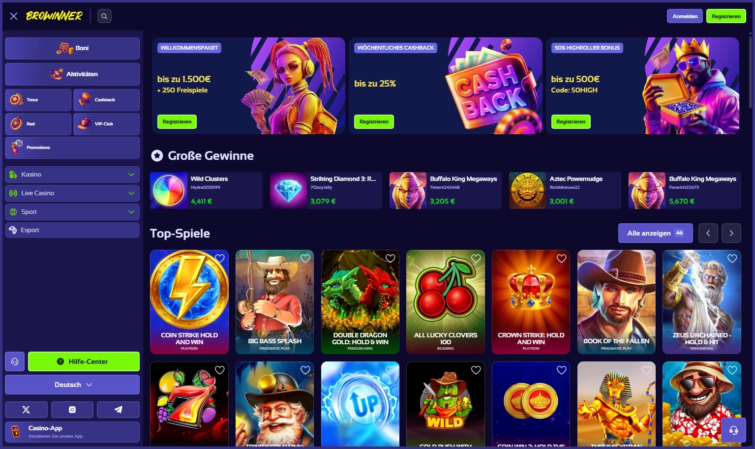 Übersicht der Browinner-Hauptseite