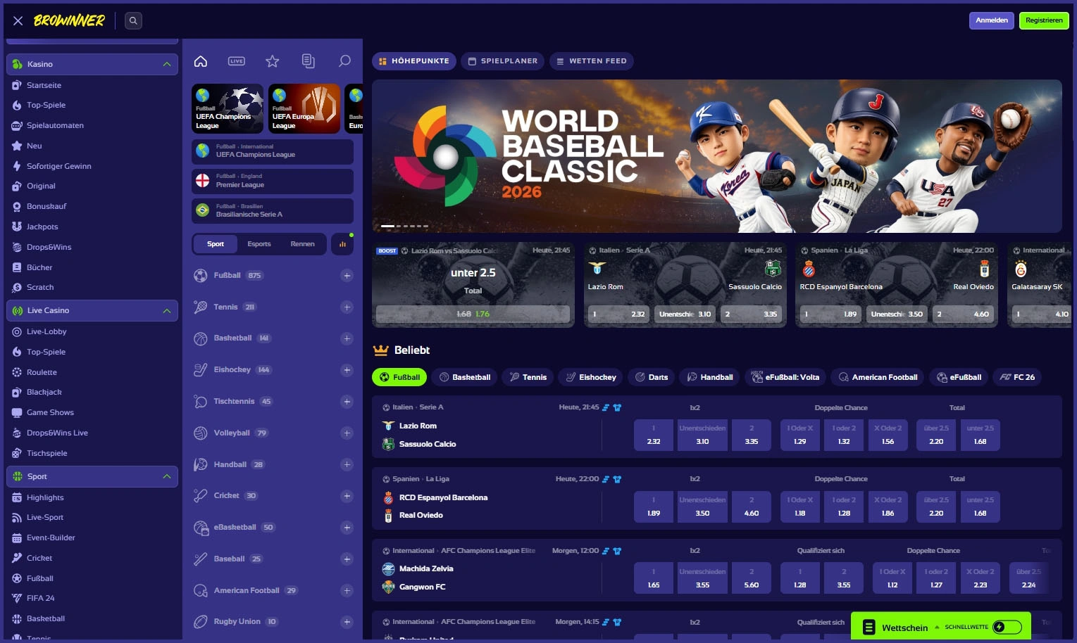 Einfache Pre-Match-Sportwetten bei Browinnerplatzieren